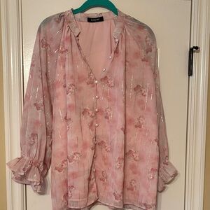 Chic Pink Floral Blouse with Pearl Accents